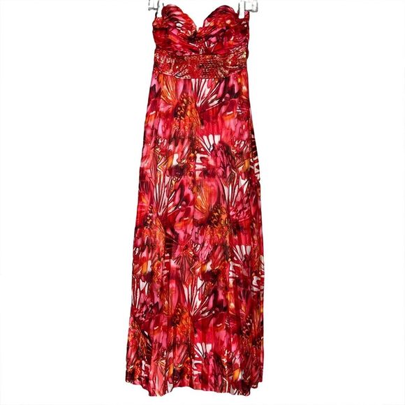 Deb's Y2K Strapless Sequin Coral Colorful Pleated Formal Prom Maxi Gown - Picture 1 of 13